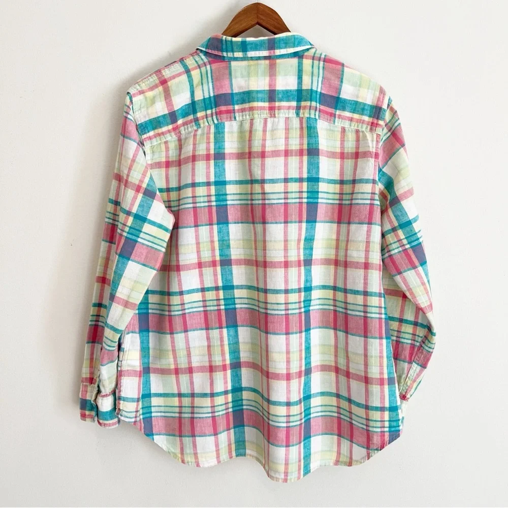 Chaps Womens Linen Blend Button Up Shirt 1X Pink Green Plaid Coastal Preppy - Picture 2 of 11